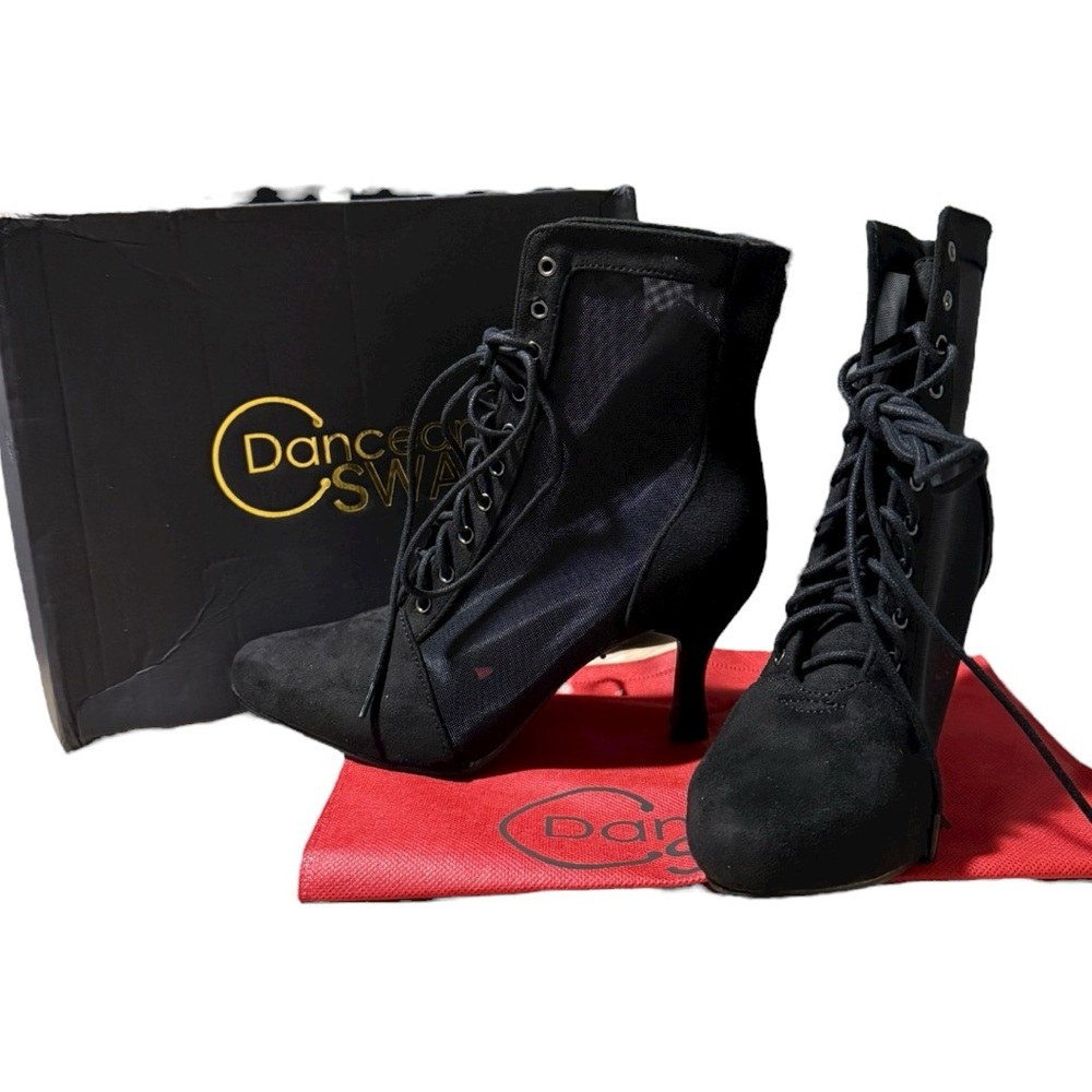 Dance & Sway Women's Ballroom Dance Booties Black Suede Mesh 3" Heel Sz 7-7.5